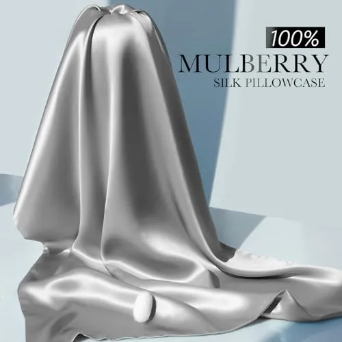 100% Mulberry Silk Pillowcase for Hair and Skin, 22 Momme Natural Silk Pillow Case with Zipper, Both Sided Pure Silk Pillow Cover for Women Mom Men(Silver Grey, Standard 20''×26'')
