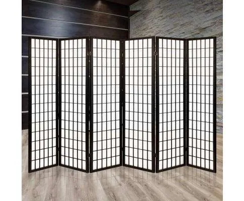 6 Panel Room Divider Privacy Screen Foldable Pine Wood Stand - Black
