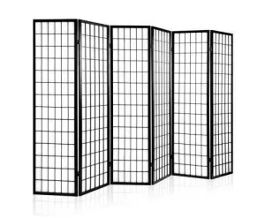 6 Panel Room Divider Privacy Screen Foldable Pine Wood Stand - Black