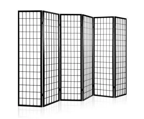 6 Panel Room Divider Privacy Screen Foldable Pine Wood Stand - Black