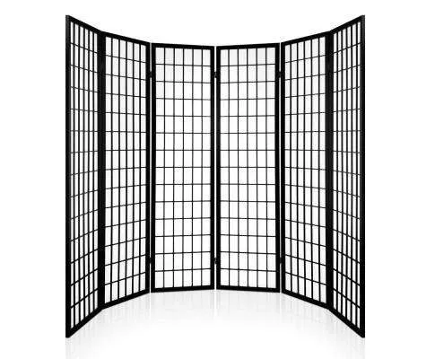 6 Panel Room Divider Privacy Screen Foldable Pine Wood Stand - Black