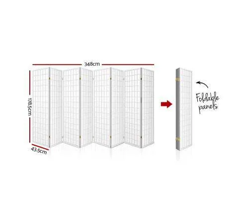 8 Panel Room Divider Privacy Screen Dividers Stand Oriental Vintage - White