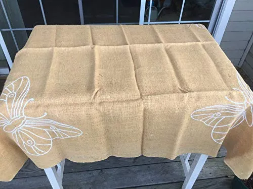AAYU Burlap Square Tablecloth 50 x 50 Inch No Fray Butterfly Printed Table Topper for Dining Table Rustic Party and Wedding Decorations Arts and Crafts