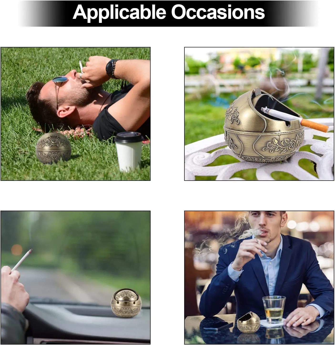Abhsant Decorative Windproof Ashtray,with Lid for Cigarettes Metal Ashtray Odor Eliminator Indoor Outdoor Hand Carved Fancy Gift