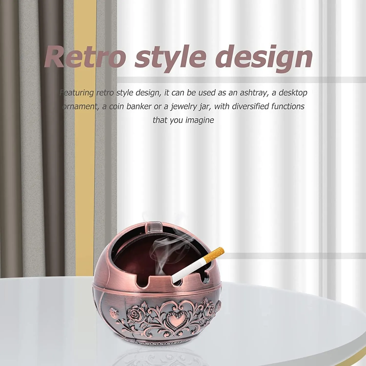 Abhsant Decorative Windproof Ashtray,with Lid for Cigarettes Metal Ashtray Odor Eliminator Indoor Outdoor Hand Carved Fancy Gift