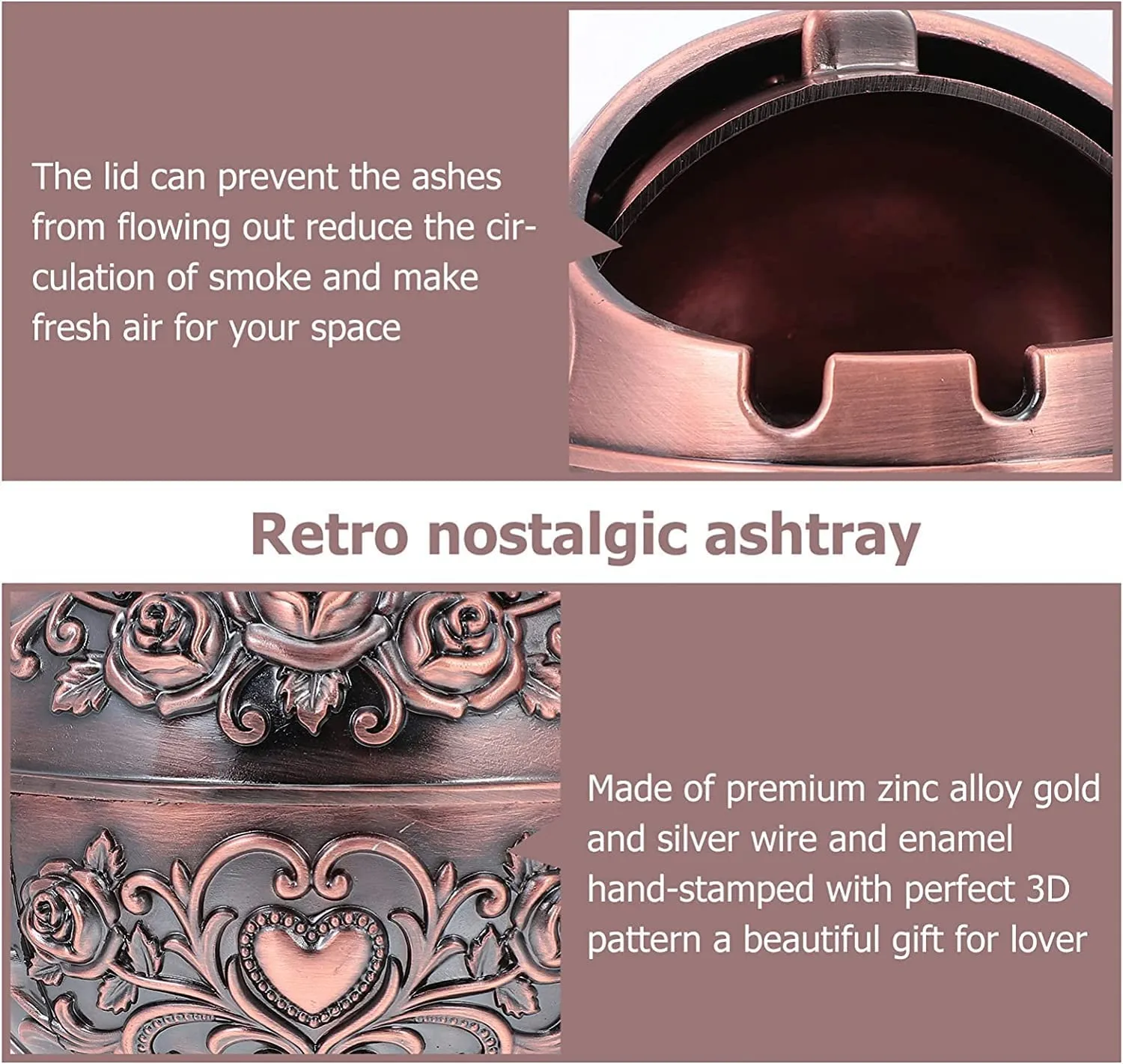 Abhsant Decorative Windproof Ashtray,with Lid for Cigarettes Metal Ashtray Odor Eliminator Indoor Outdoor Hand Carved Fancy Gift