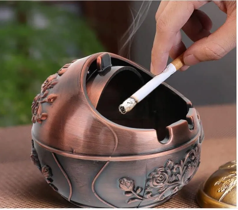Abhsant Decorative Windproof Ashtray,with Lid for Cigarettes Metal Ashtray Odor Eliminator Indoor Outdoor Hand Carved Fancy Gift