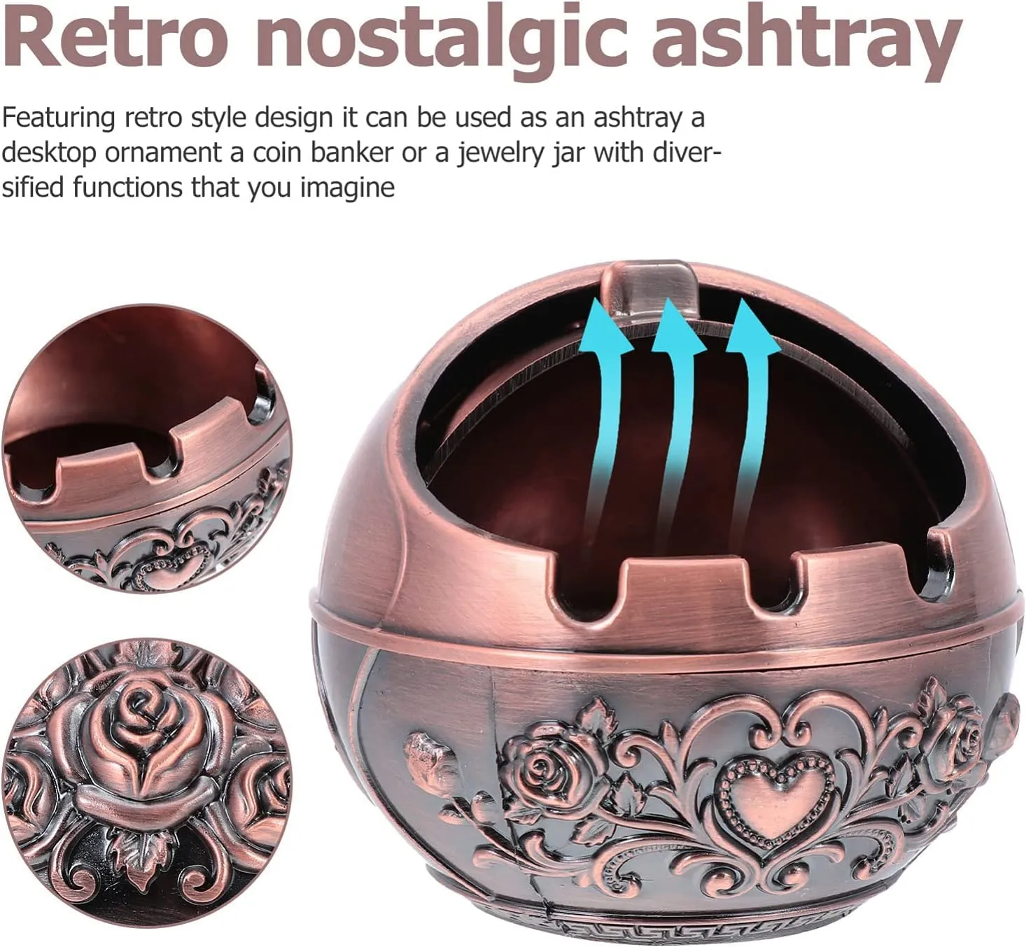 Abhsant Decorative Windproof Ashtray,with Lid for Cigarettes Metal Ashtray Odor Eliminator Indoor Outdoor Hand Carved Fancy Gift