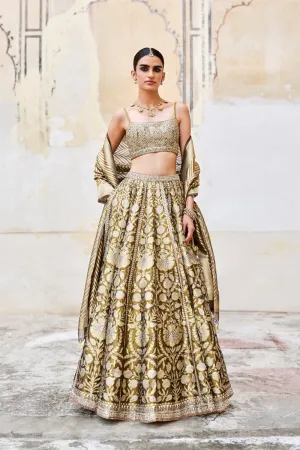 Adveka Handwoven Benarasi Silk Lehenga Set Olive