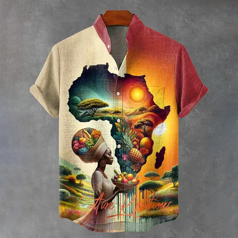 Africa Map and Fruit Decorative Pattern Casual Shirt