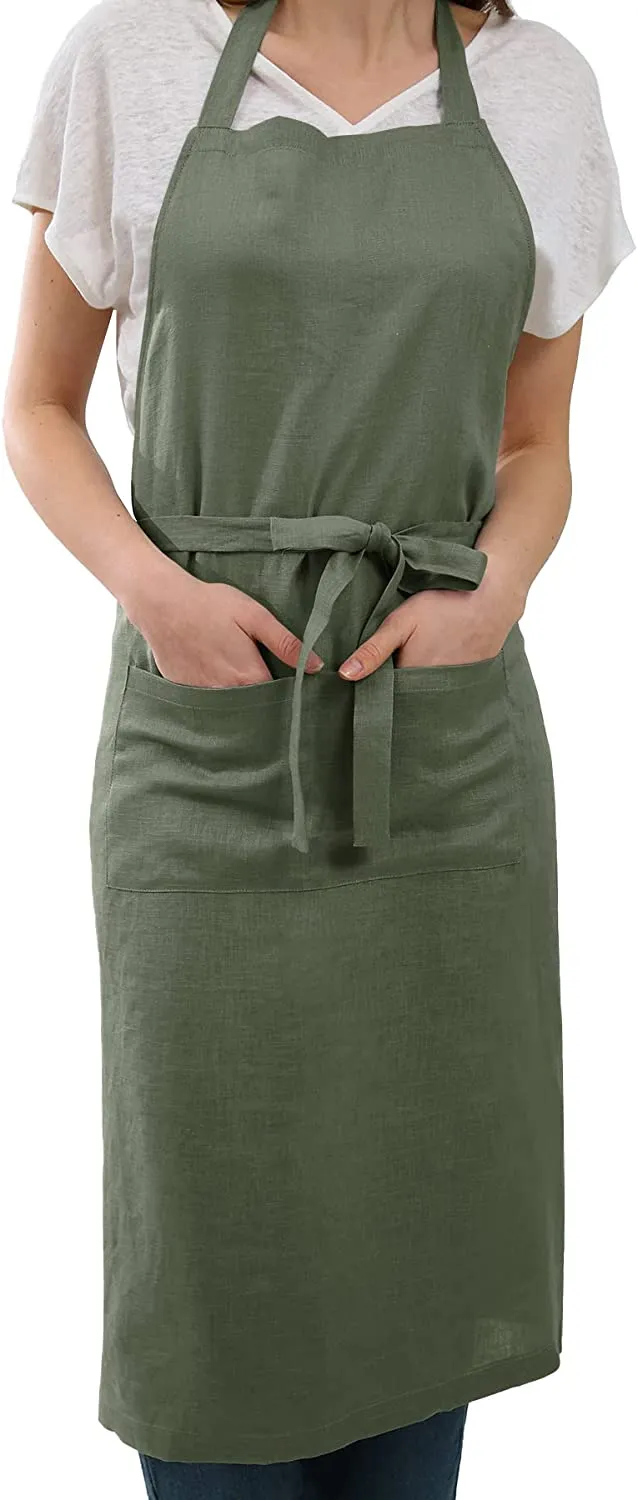 Amazhiyu Pure Linen Kitchen Apron with Pockets