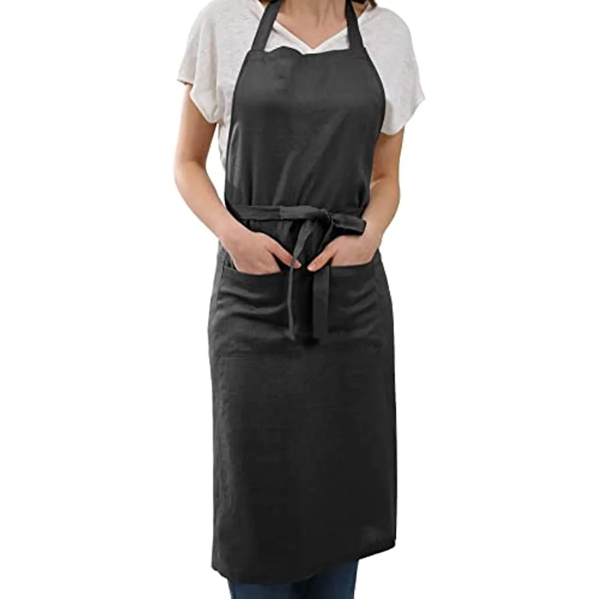 Amazhiyu Pure Linen Kitchen Apron with Pockets