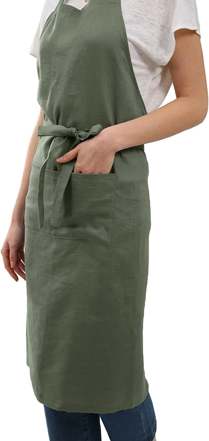 Amazhiyu Pure Linen Kitchen Apron with Pockets