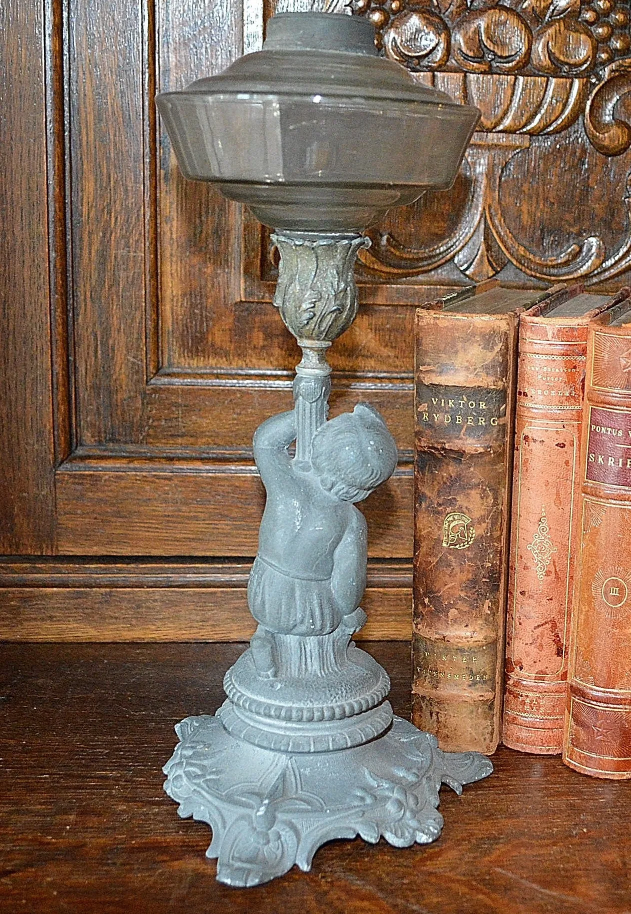Antique German Cherub Petroleum Oil Lamp Figural Candle Holder