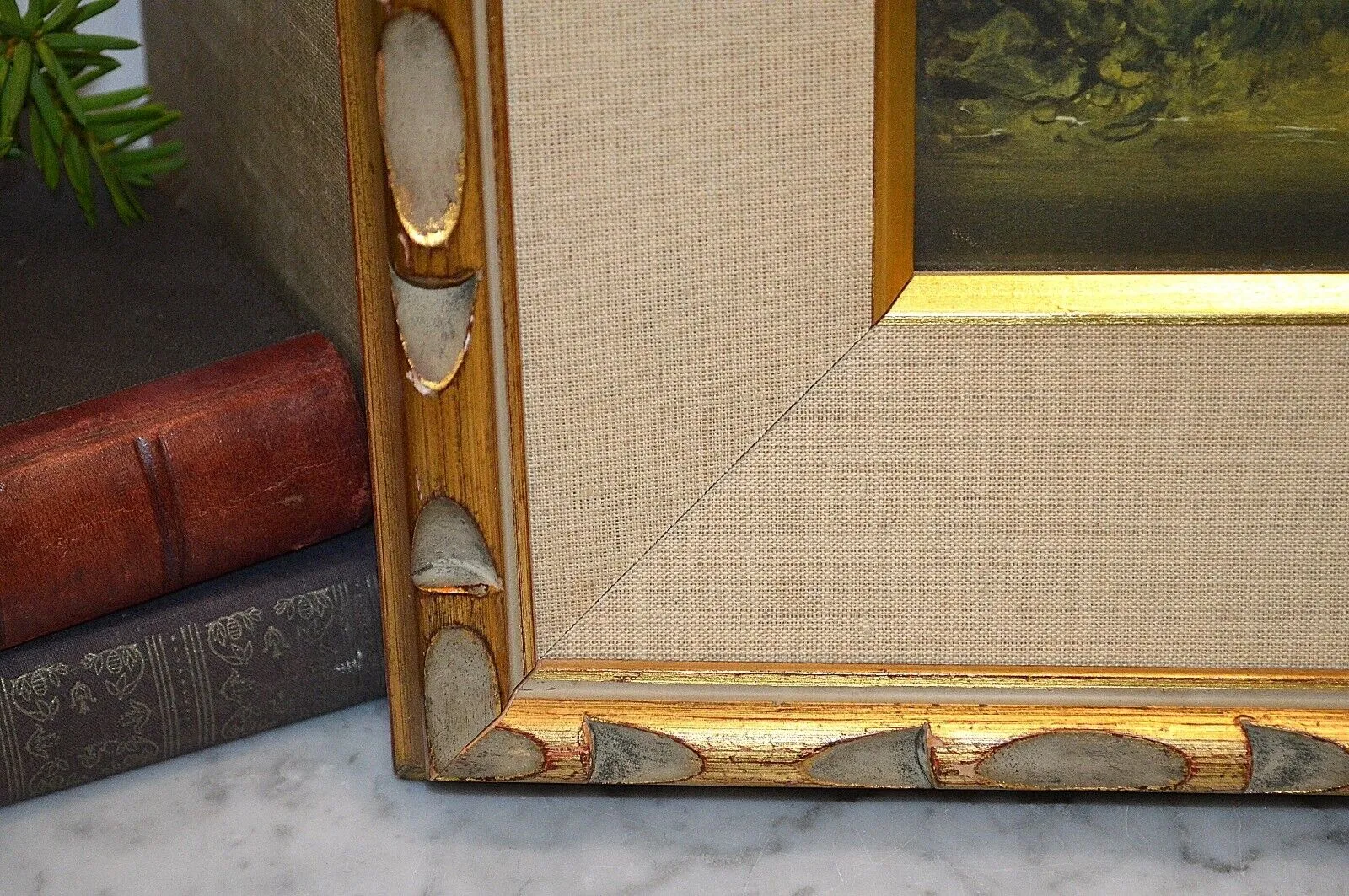 Antique Gilt Framed Lithograph Art Victorian Children Boy Girl Landscape Fishing