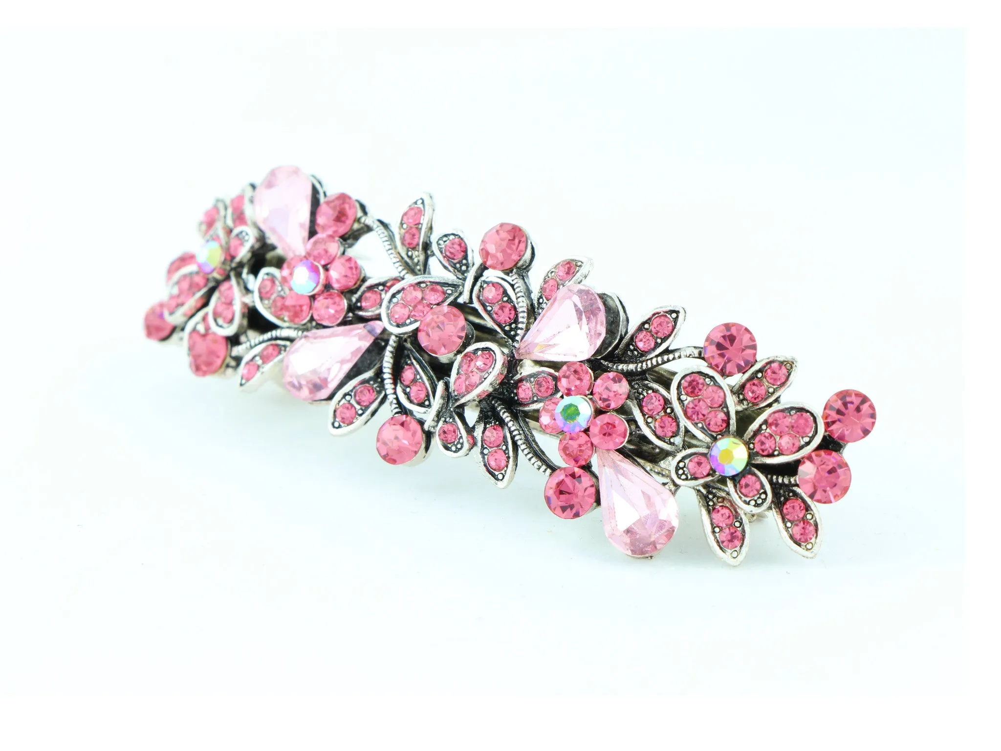Antique silver metal hair barrette clip with tear drop crystals - Pink