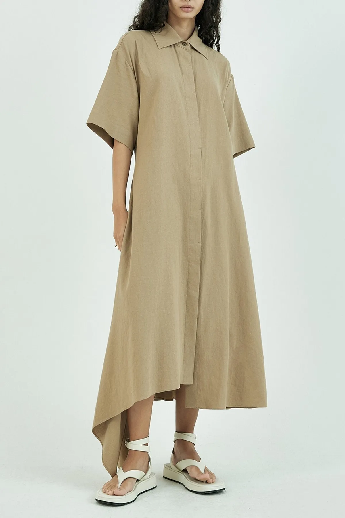 Asymmetric Hem Linen Cotton Shirt Dress in Beige