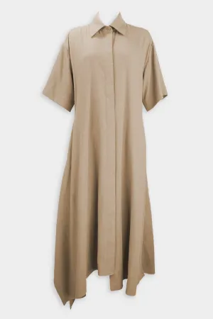Asymmetric Hem Linen Cotton Shirt Dress in Beige