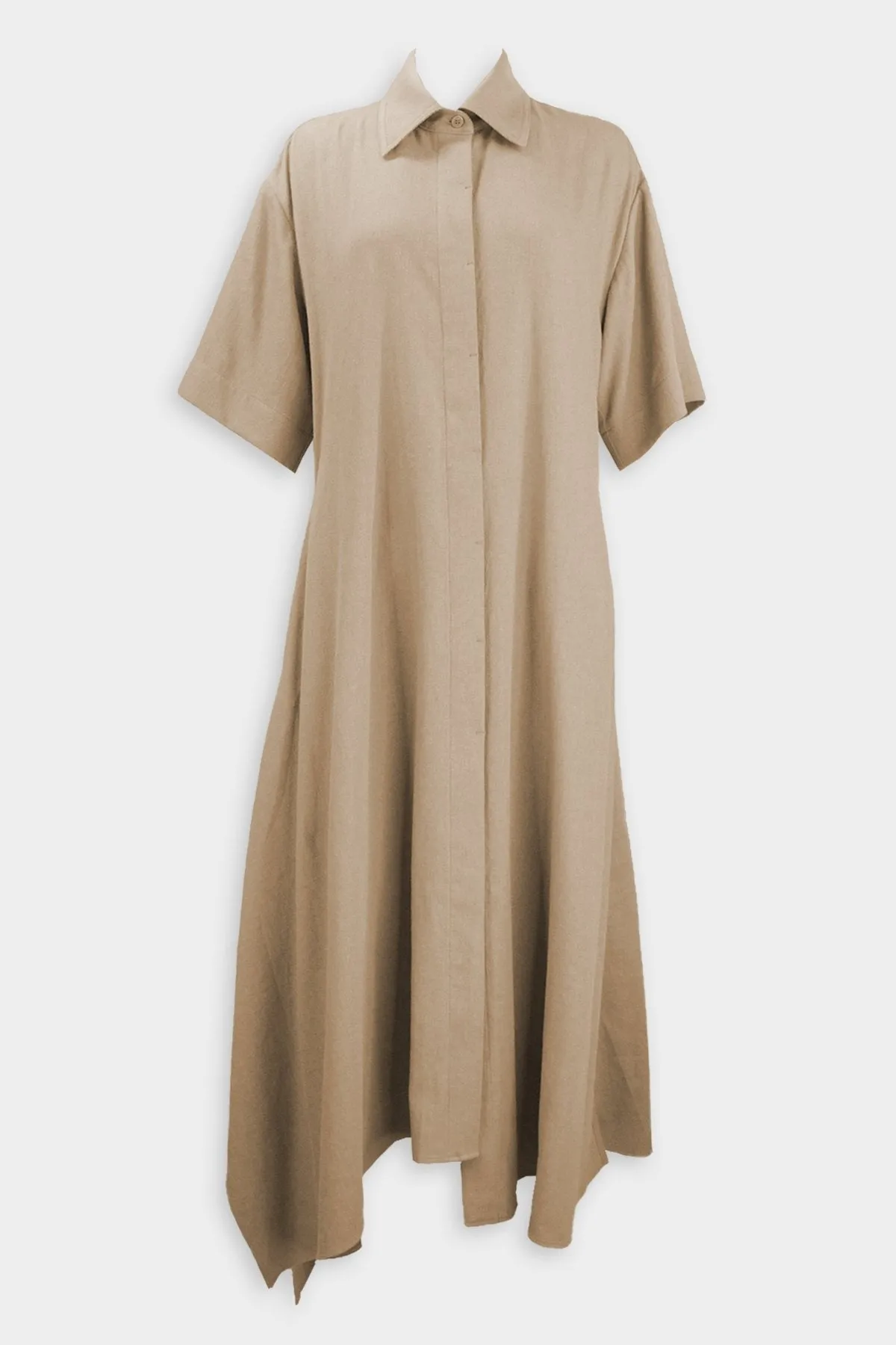 Asymmetric Hem Linen Cotton Shirt Dress in Beige
