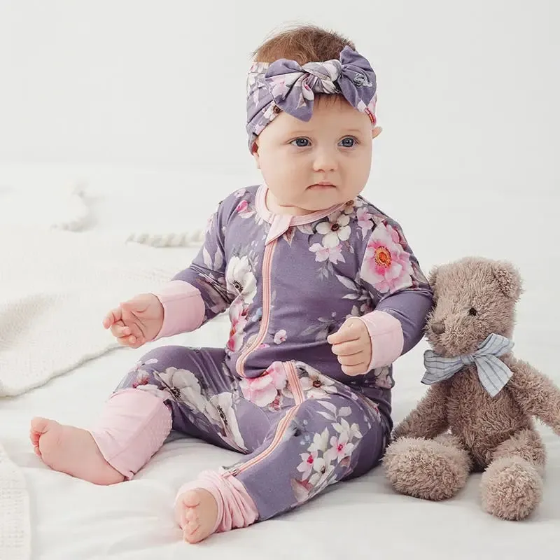 Bamboo cuffed footie zip up jammy onesie with matching headband / purple spring