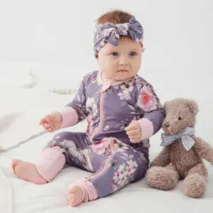 Bamboo cuffed footie zip up jammy onesie with matching headband / purple spring
