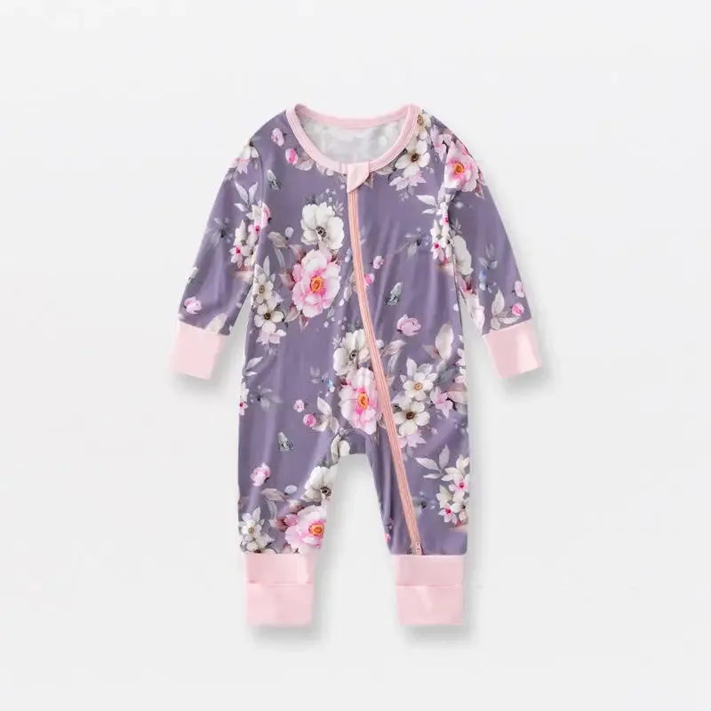 Bamboo cuffed footie zip up jammy onesie with matching headband / purple spring
