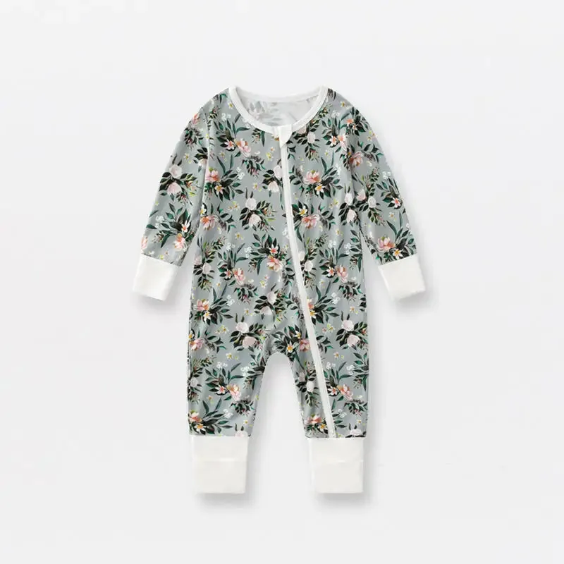 Bamboo cuffed footie zip up jammy onesie with matching headband / sage flowers