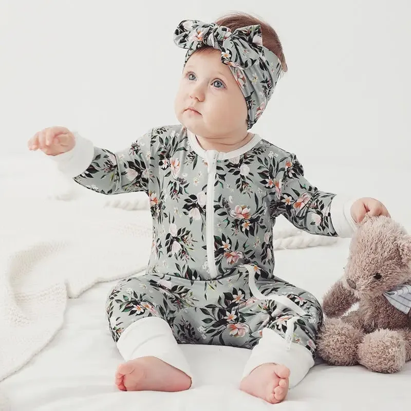 Bamboo cuffed footie zip up jammy onesie with matching headband / sage flowers
