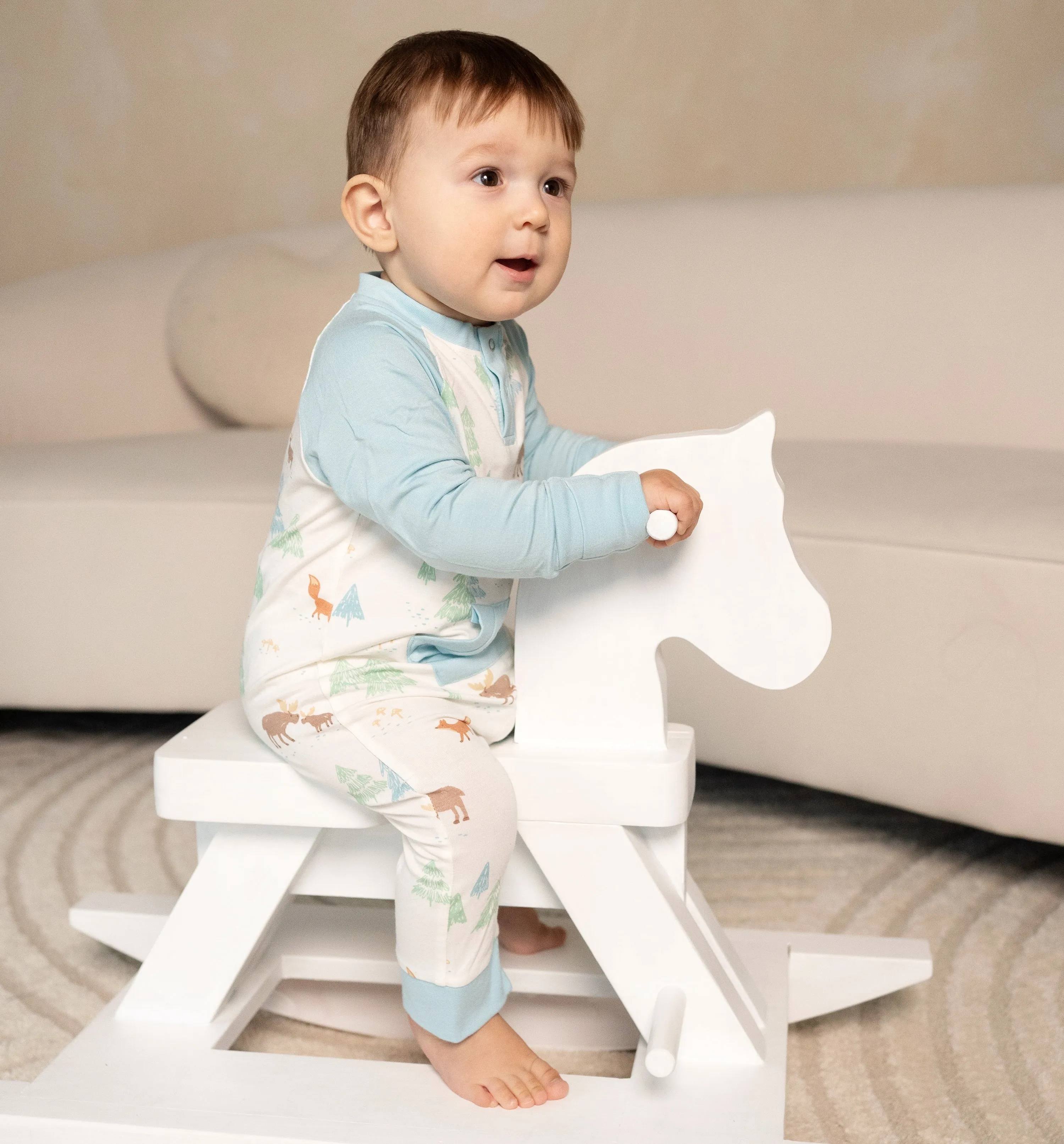 Bamboo L/S Romper w/Kangaroo pkt (Moose Woods Print)