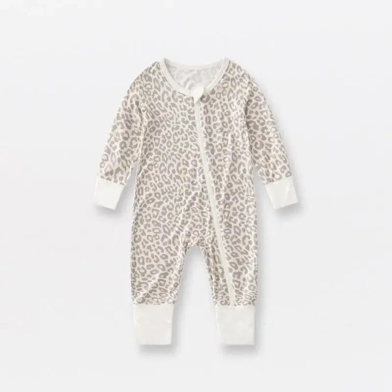 Bamboo mitten cuffed and footie cuffed zip up jammy onesie with matching hat / fun leopard