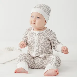 Bamboo mitten cuffed and footie cuffed zip up jammy onesie with matching hat / fun leopard