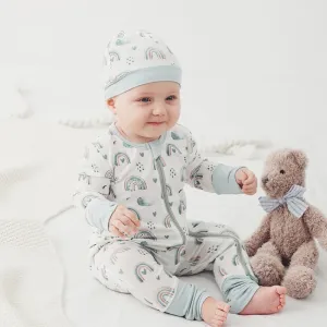 Bamboo mitten cuffed and footie cuffed zip up jammy onesie with matching hat / white rainbow