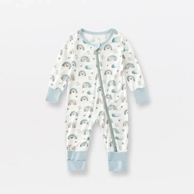 Bamboo mitten cuffed and footie cuffed zip up jammy onesie with matching hat / white rainbow