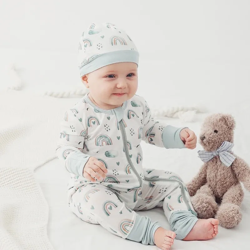 Bamboo mitten cuffed and footie cuffed zip up jammy onesie with matching hat / white rainbow