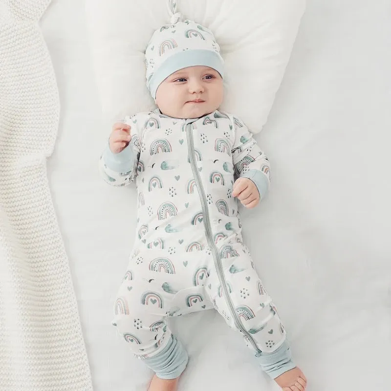 Bamboo mitten cuffed and footie cuffed zip up jammy onesie with matching hat / white rainbow