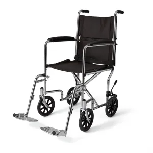 Basic Steel Transport Chair with Permanent Full-Length Arms and Swing-Away Footrests, 19", Chrome