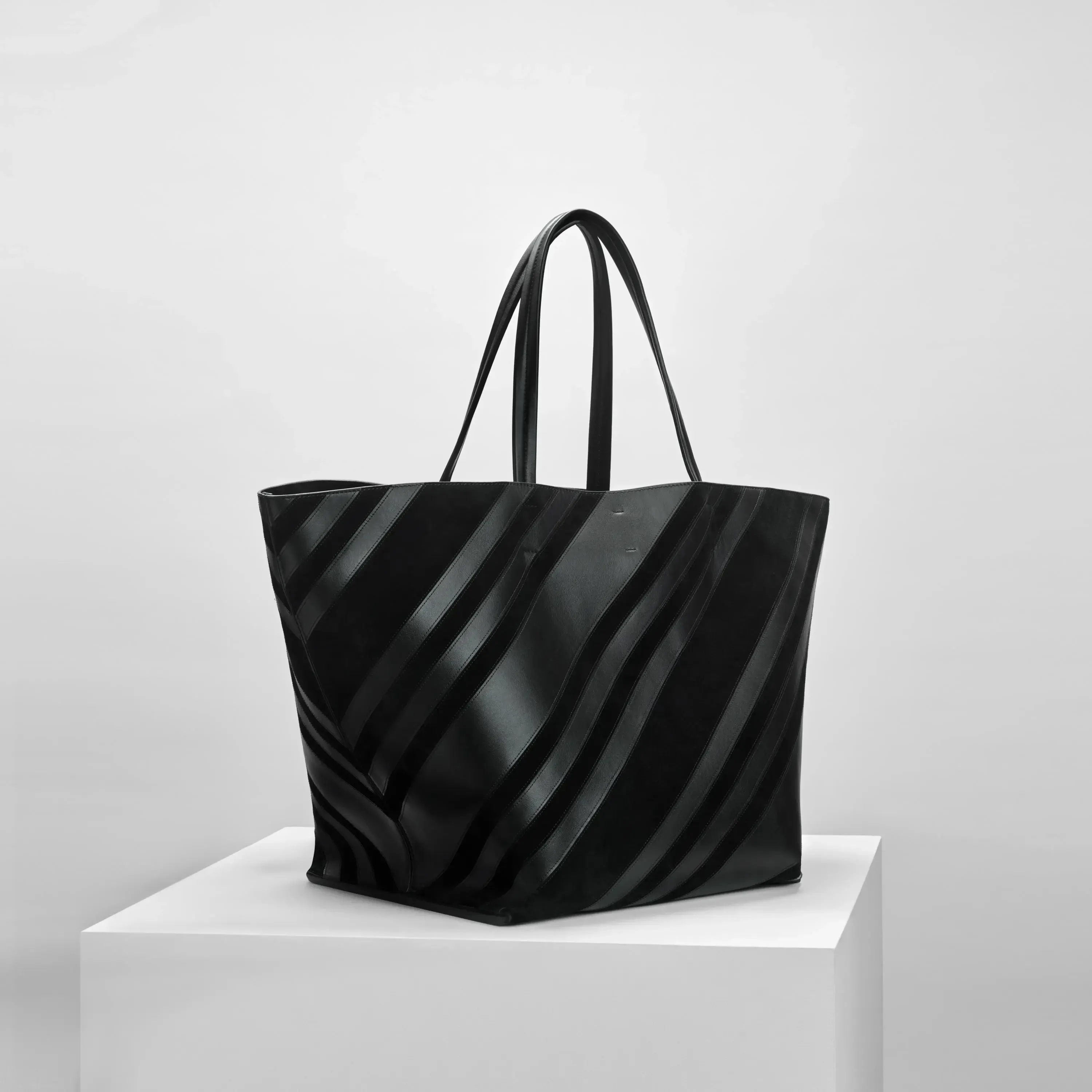 BASKET CABAS | black leather and suede with silver