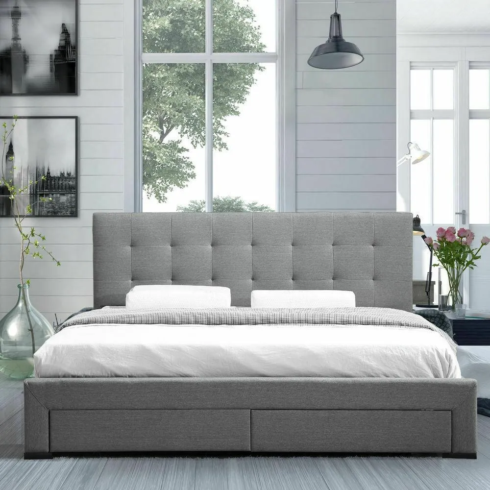 Bed Frame King Fabric With Drawers Storage Beige