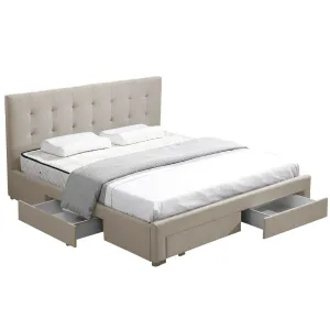 Bed Frame King Fabric With Drawers Storage Beige