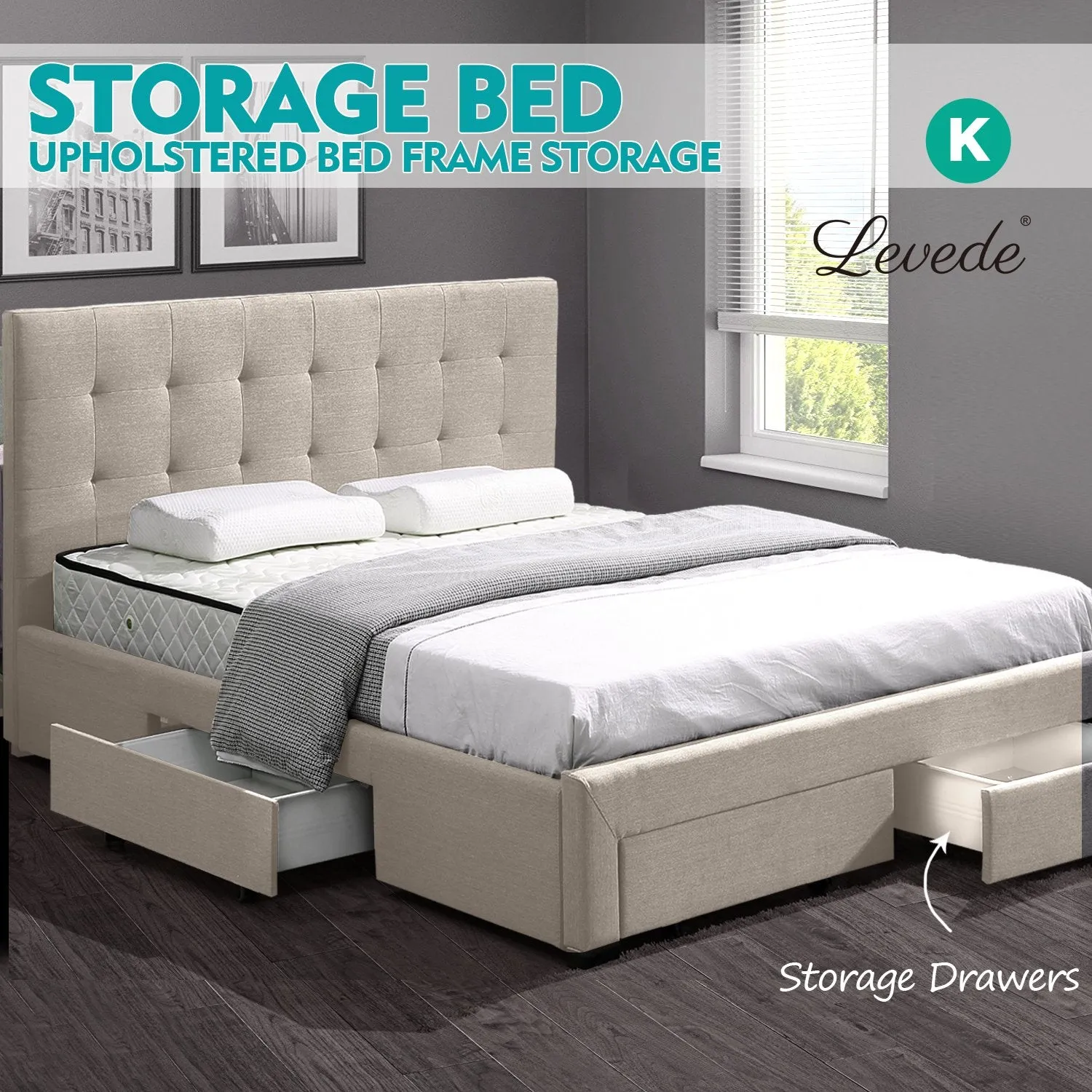 Bed Frame King Fabric With Drawers Storage Beige