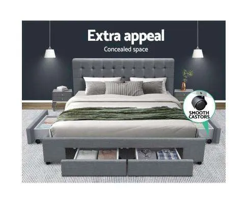 Bed Frame with 4 Storage Drawers AVIO Fabric Headboard Wooden - Grey