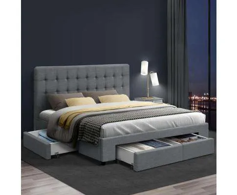 Bed Frame with 4 Storage Drawers AVIO Fabric Headboard Wooden - Grey