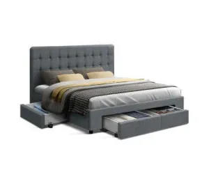 Bed Frame with 4 Storage Drawers AVIO Fabric Headboard Wooden - Grey