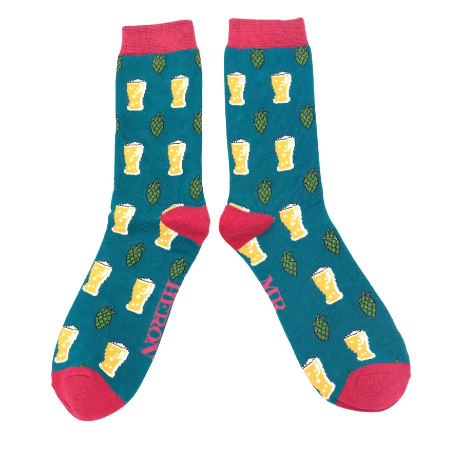 Beer & Hops Bamboo Socks in Teal by Mr Heron, Size UK 7-11