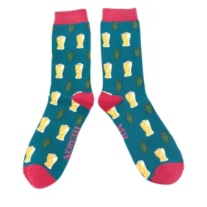 Beer & Hops Bamboo Socks in Teal by Mr Heron, Size UK 7-11