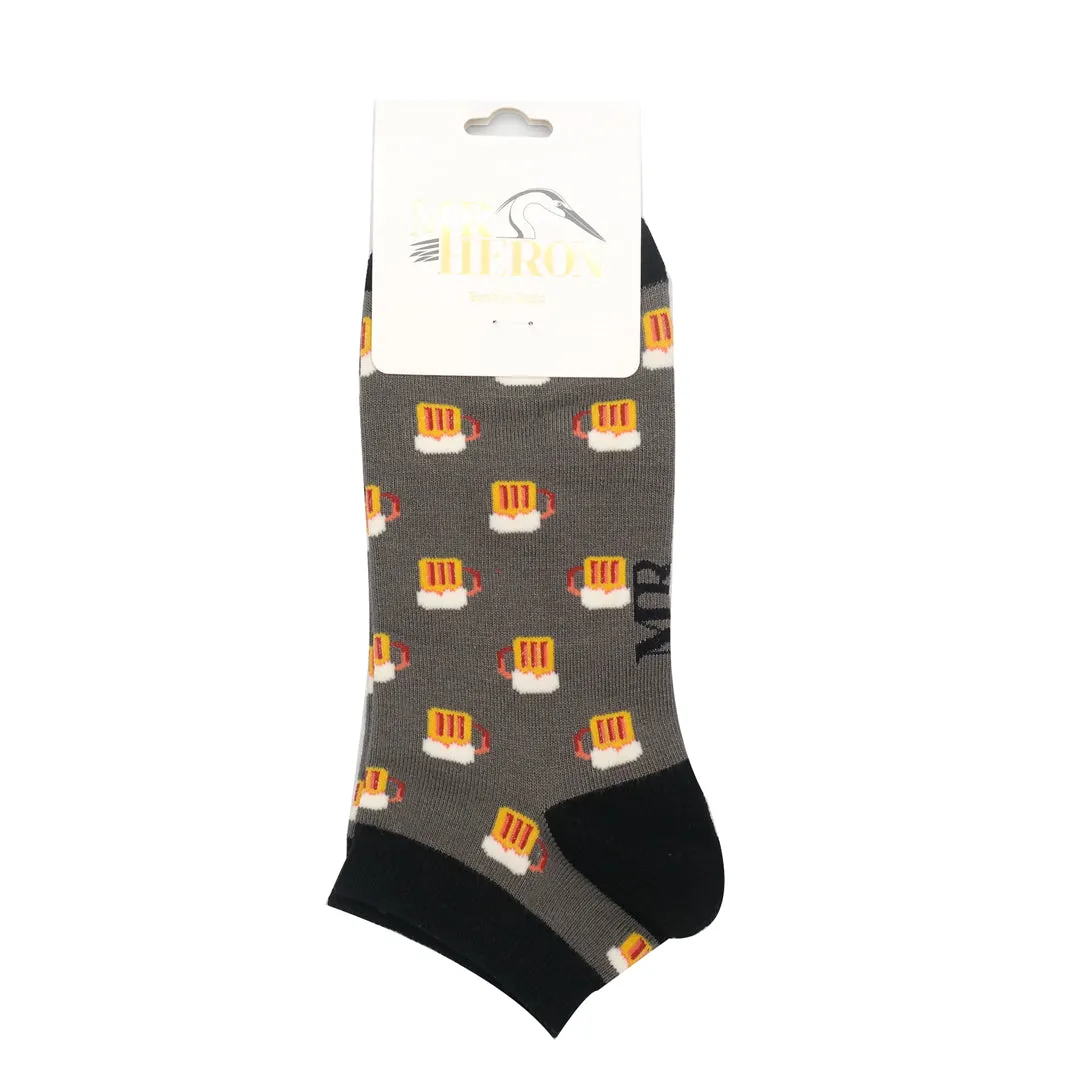 Beer Bamboo Trainer Socks in Grey by Mr Heron, Size UK 7-11
