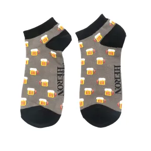 Beer Bamboo Trainer Socks in Grey by Mr Heron, Size UK 7-11