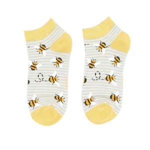 Bees Stripes Bamboo Trainer Socks in Duck Egg and Cream by Miss Sparrow, Size UK 4-7