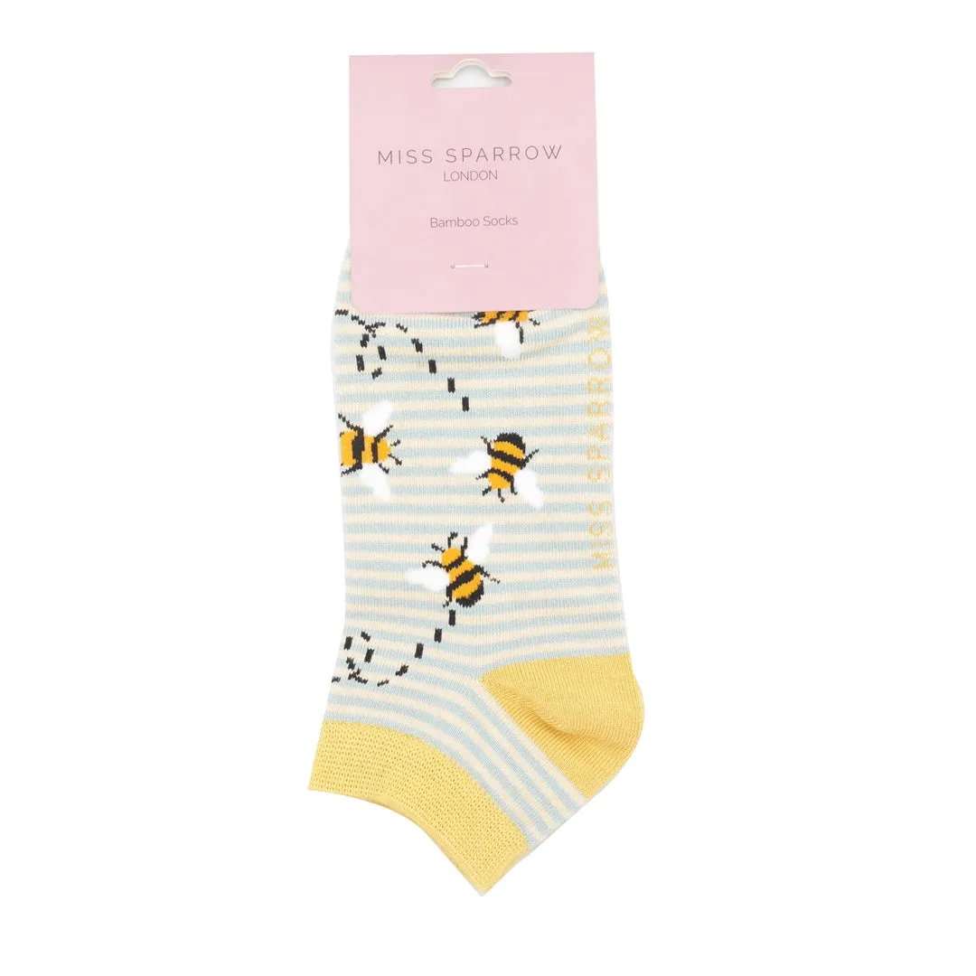Bees Stripes Bamboo Trainer Socks in Duck Egg and Cream by Miss Sparrow, Size UK 4-7