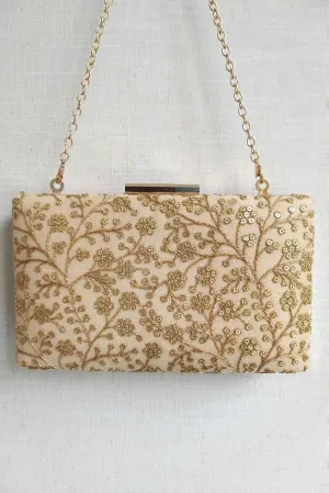 Beige Sequin Embroidered Box Clutch